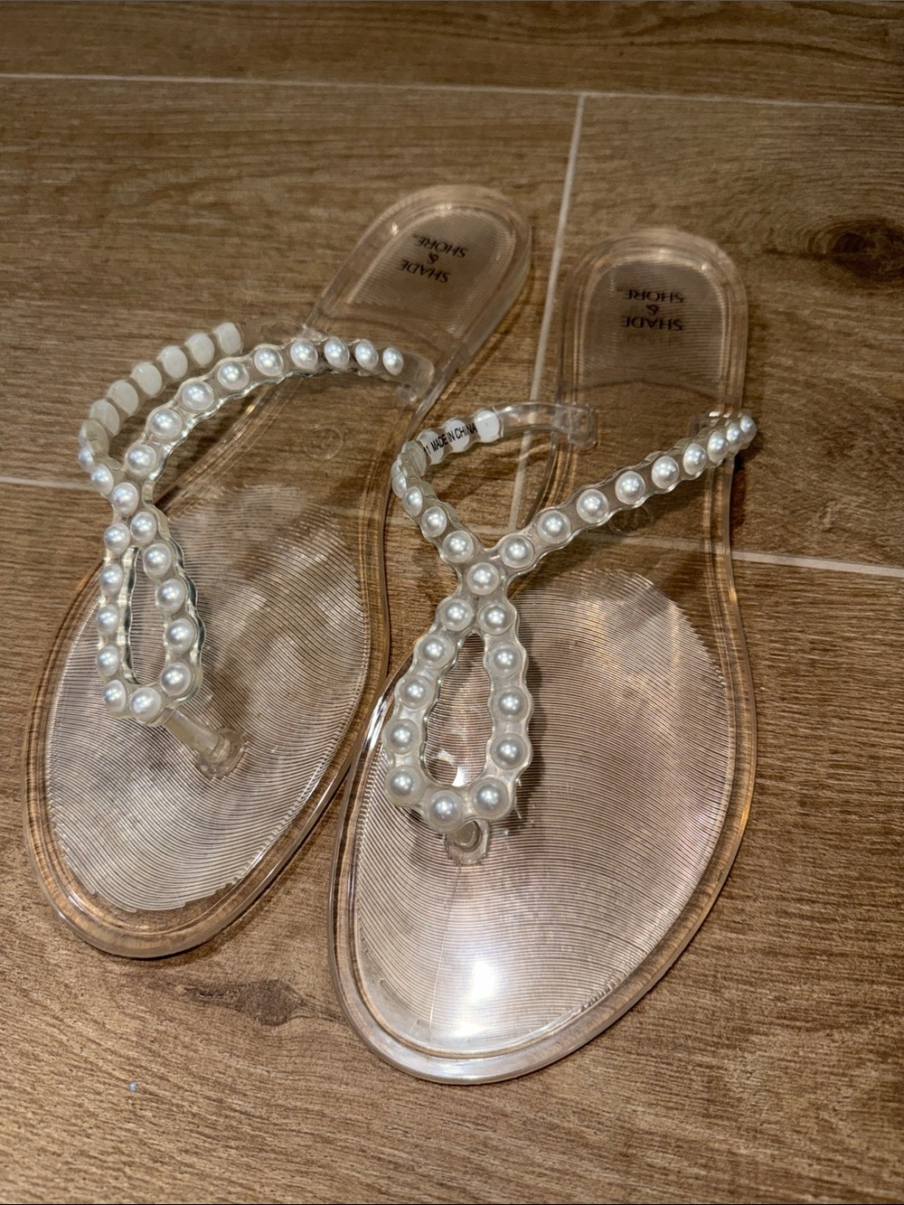 Y2K Jelly Shade & Shore Clear Pearl-Trim Thong Sandals Flip Flop- White Pearls